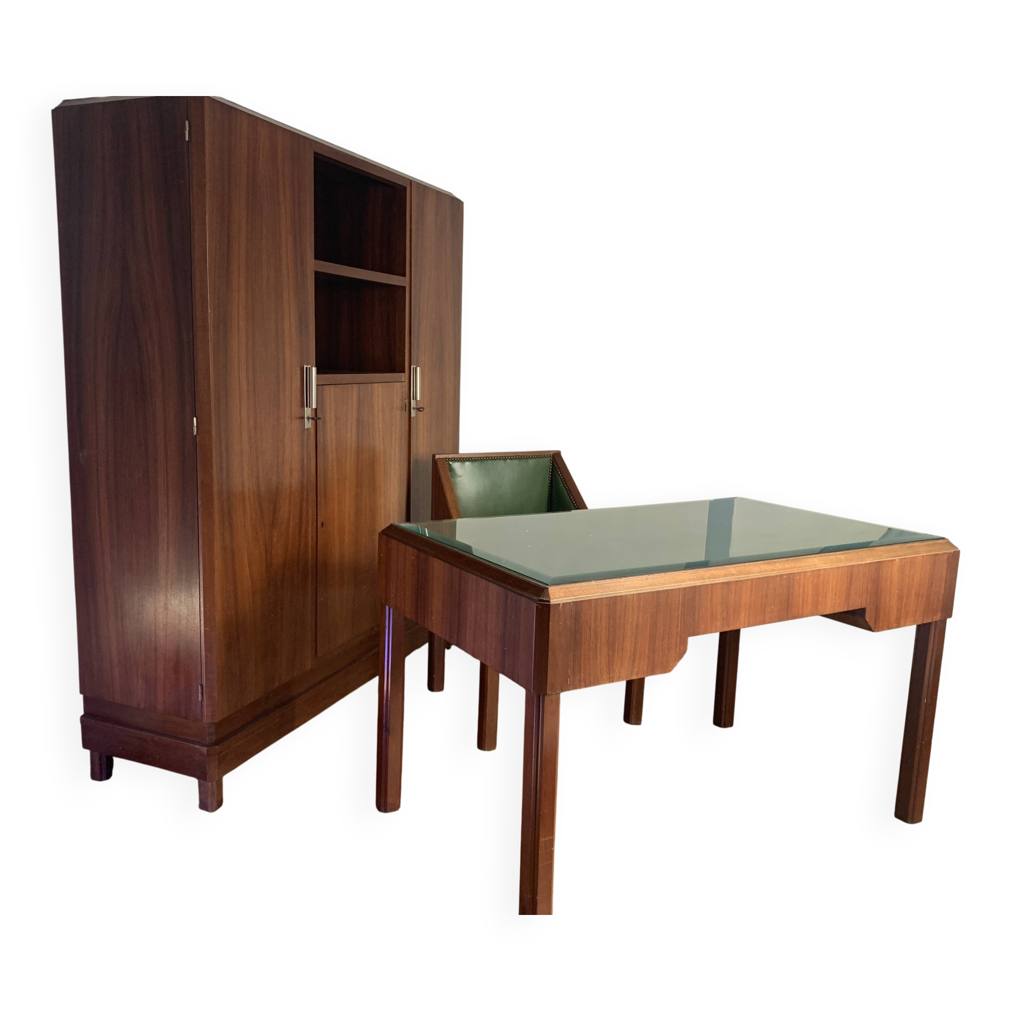 Rosewood desk, armchair and bookshelf.