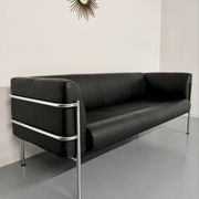 Three-seater tubular chrome and black leather sofa by Kébé, Denmark 80