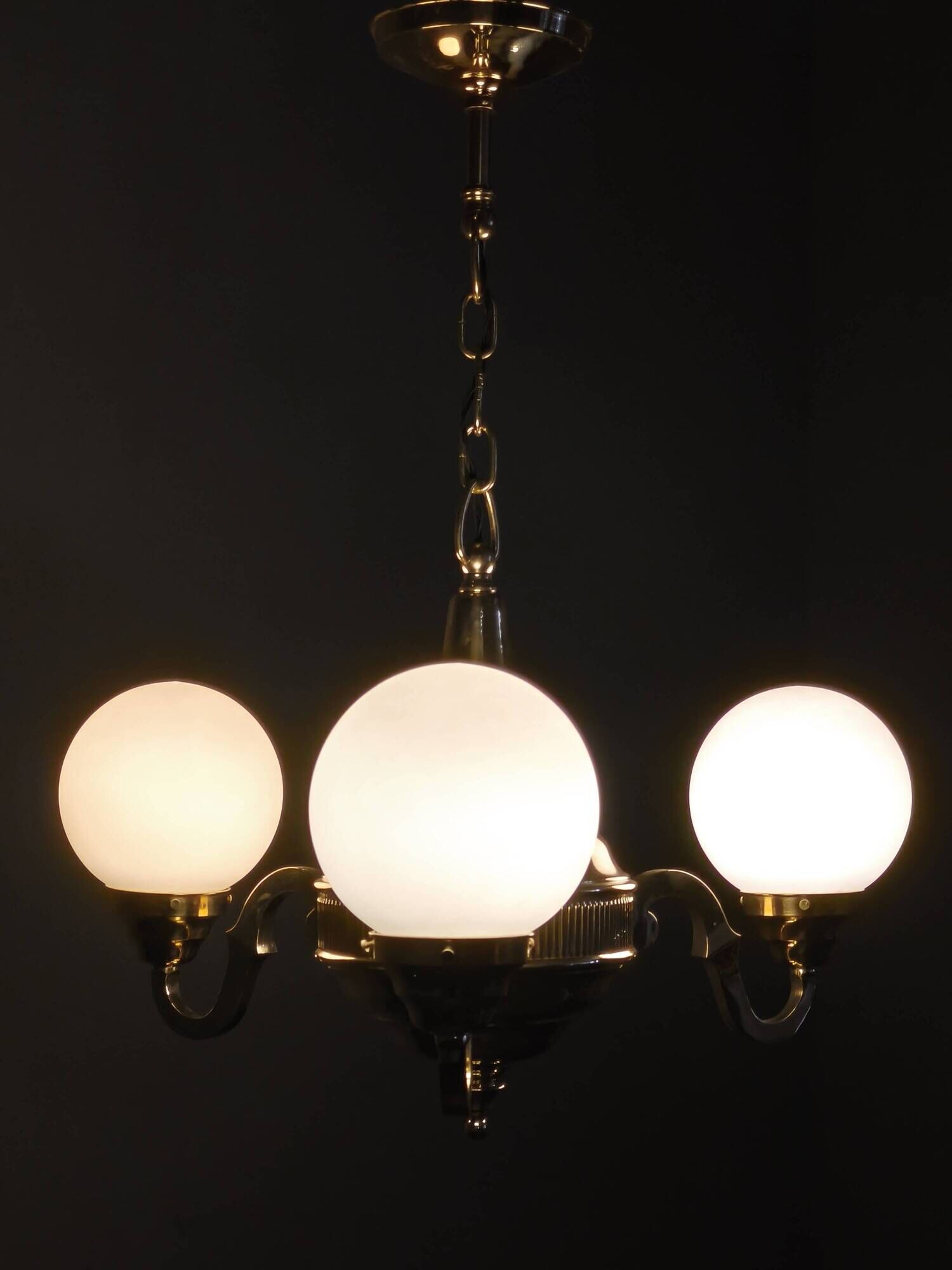 1930s Czech Neo-Baroque Brass Chandelier with Opaline Glass Globes