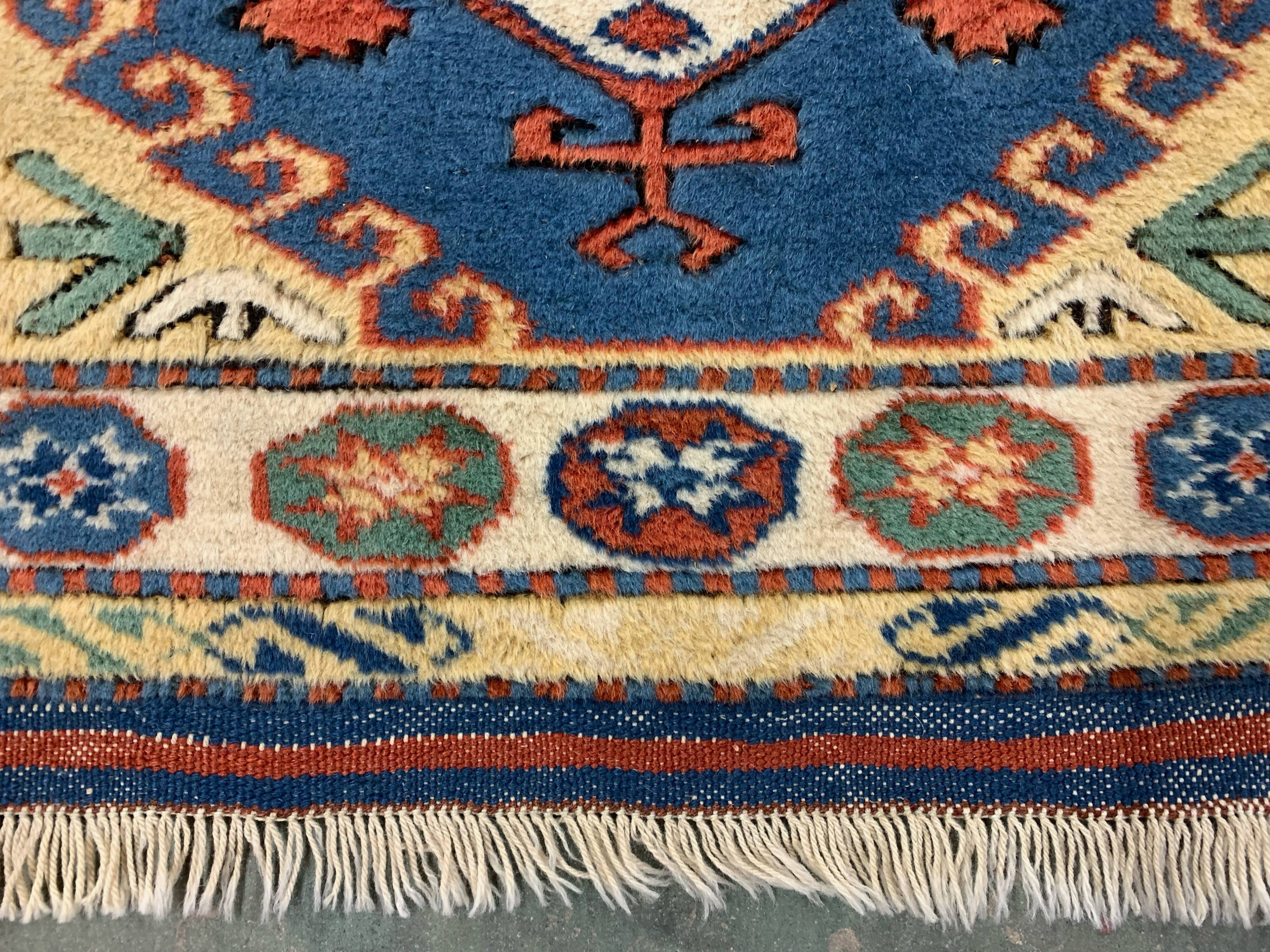 Old Turkish Kazak Rug Oriental 123x95 cm vintage tribal carpet, Red and Blue