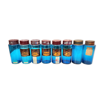 Set de 8 pots a pharmacie en verre bleu