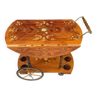 Round folding serving trolley with vintage bar marquetry on wheels, 1950s
