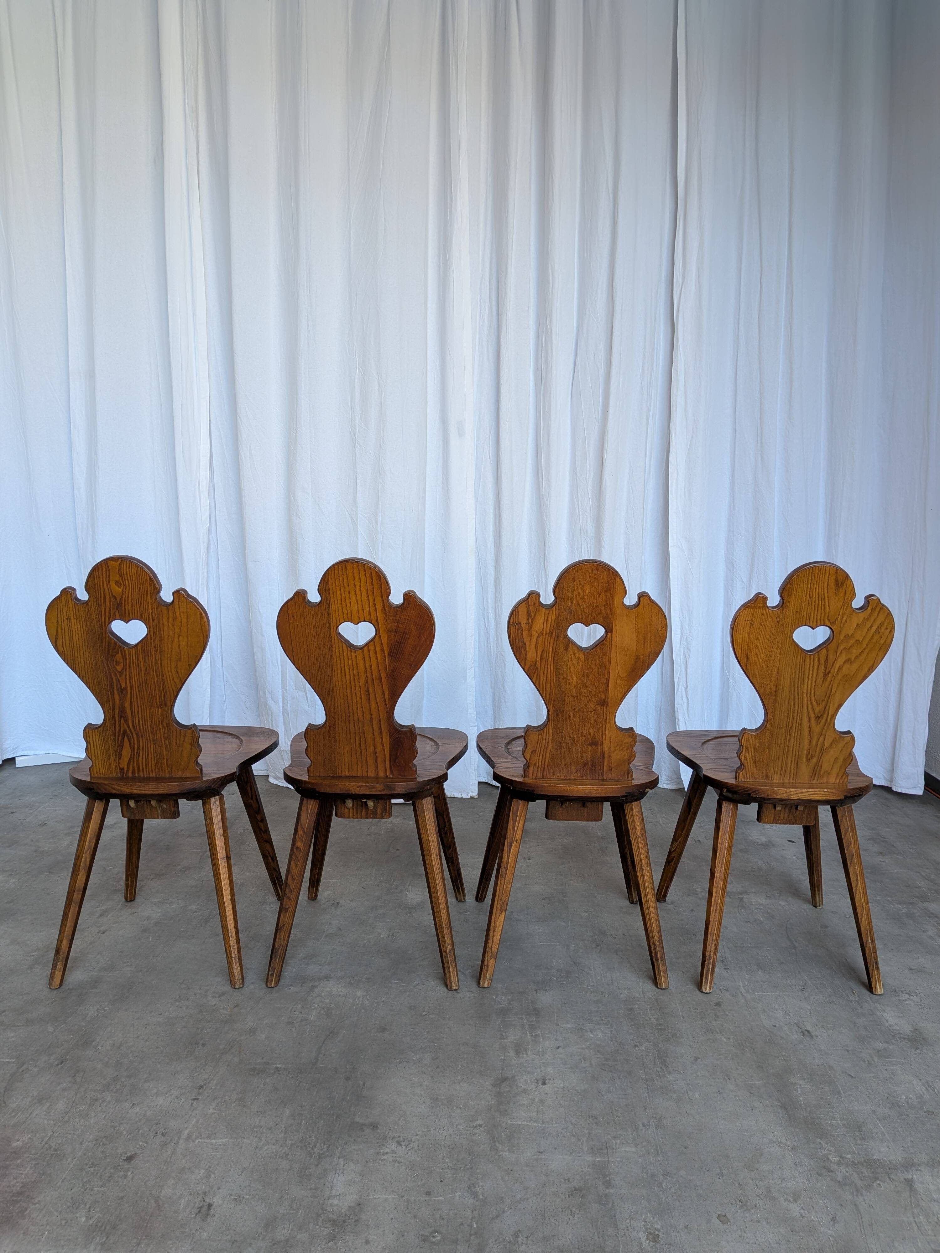 Set of 4 Farmhouse Tyrolean Chair with Heart Cutout Back / 1970s Vintage Di