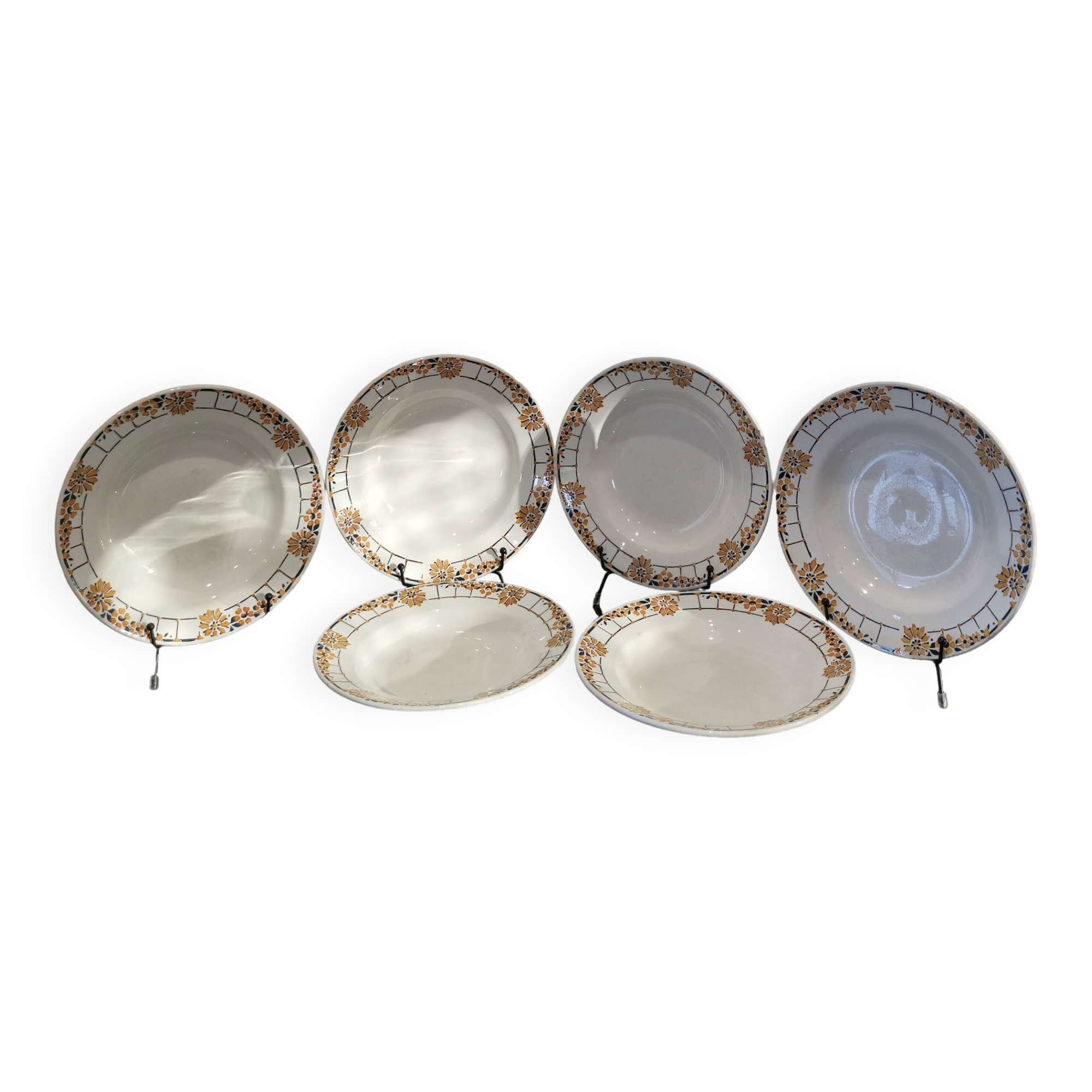Series of 6 Saint Amand Ceranord soup plates, ocher and green pattern France