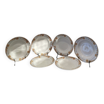 Series of 6 Saint Amand Ceranord soup plates, ocher and green pattern France