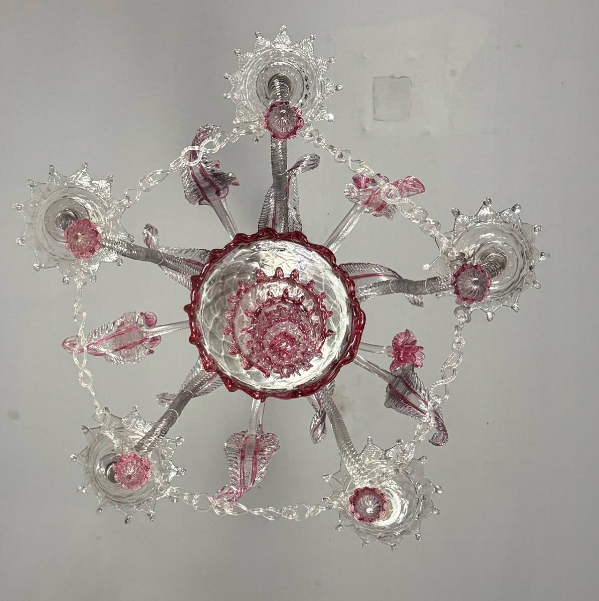 Venetian chandelier in colorless and red Murano glass, 5 light arms