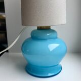 Lamp with blue opaline feet and textured conical lampshade 60s-70s