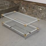Coffee table, glass living room table with two tops decorated with golden shells, 1970s