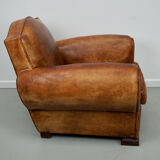 French moustache back cognac-colored leather club chair, 1940s