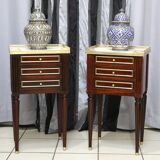 Pair of Louis XVI Style Mahogany and White Carrara Marble Bedside Tables