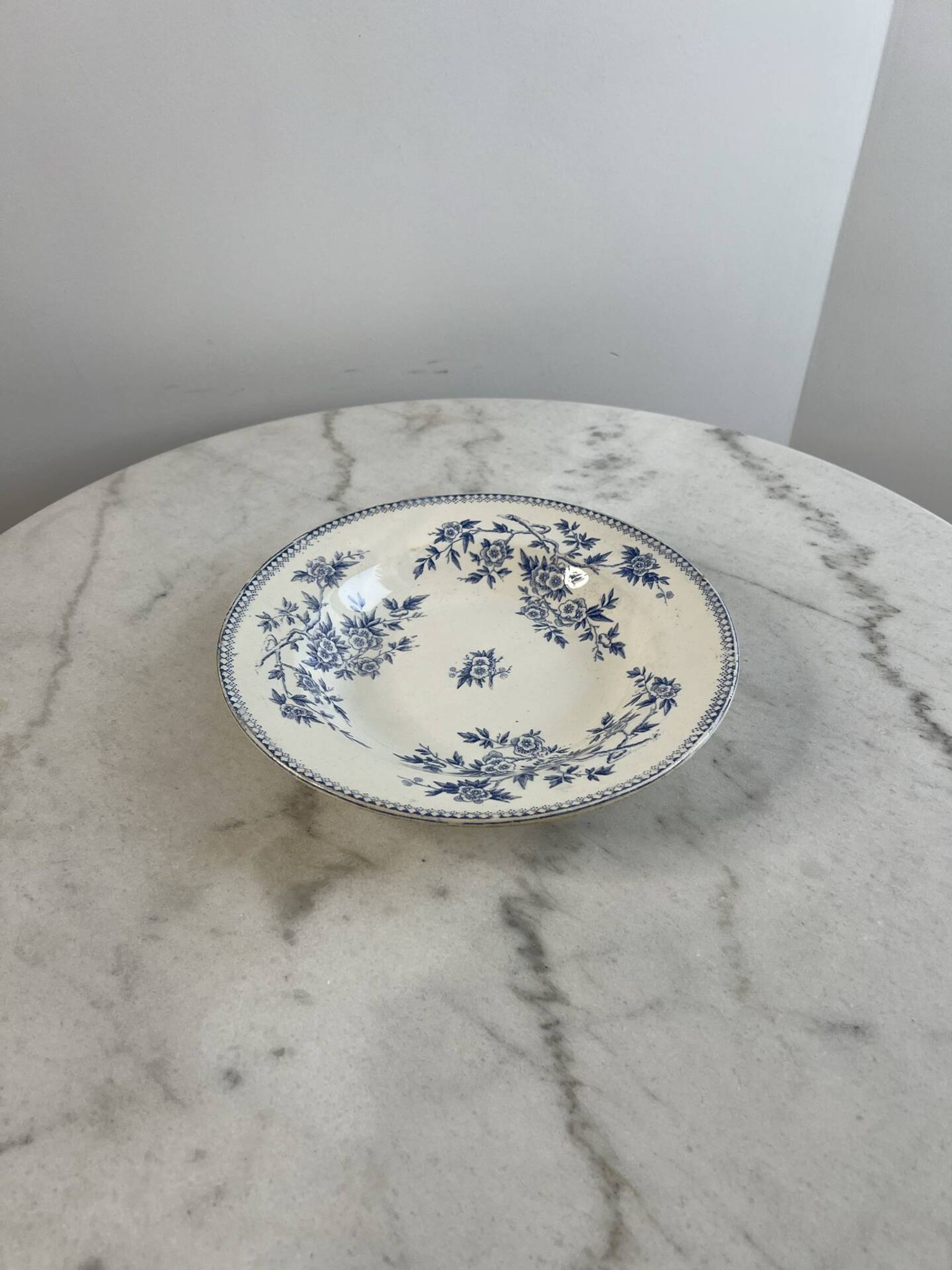 Hollow plate in ironstone from Terre de Feu of Grigny with floral decoration bl