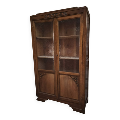 Vitrine française vintage en hêtre, bibliothèque à porte vitrée, meuble Art déco, vers 1930–1950