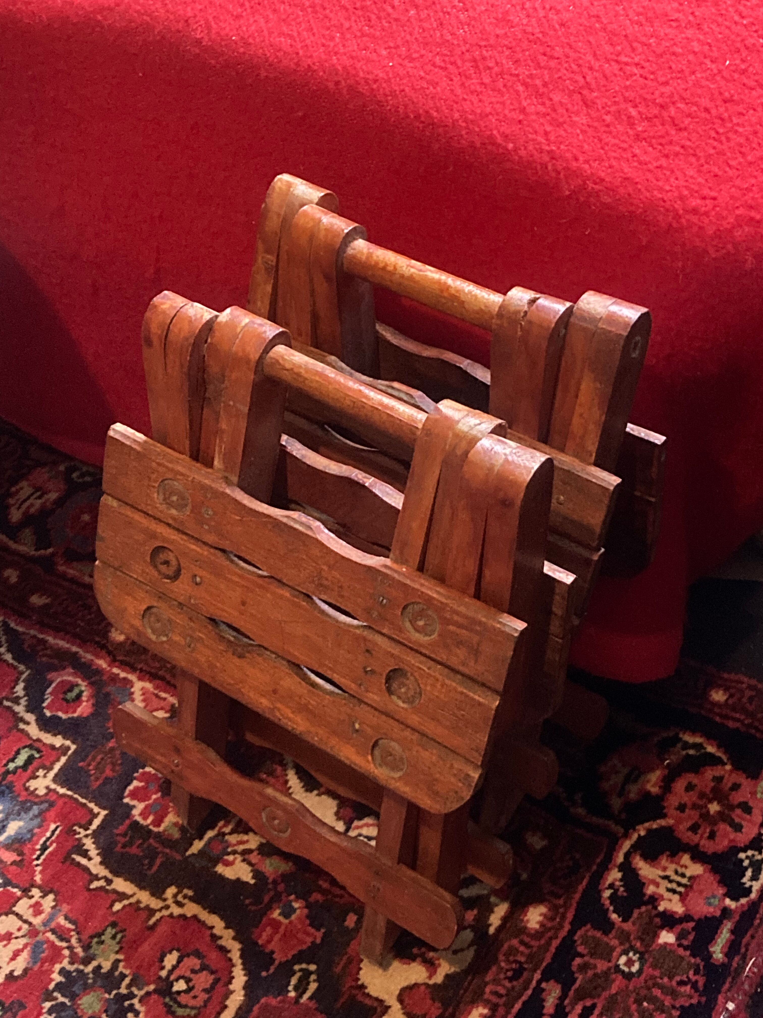 Pair of vintage folding wooden stools from Tyrol mountain
