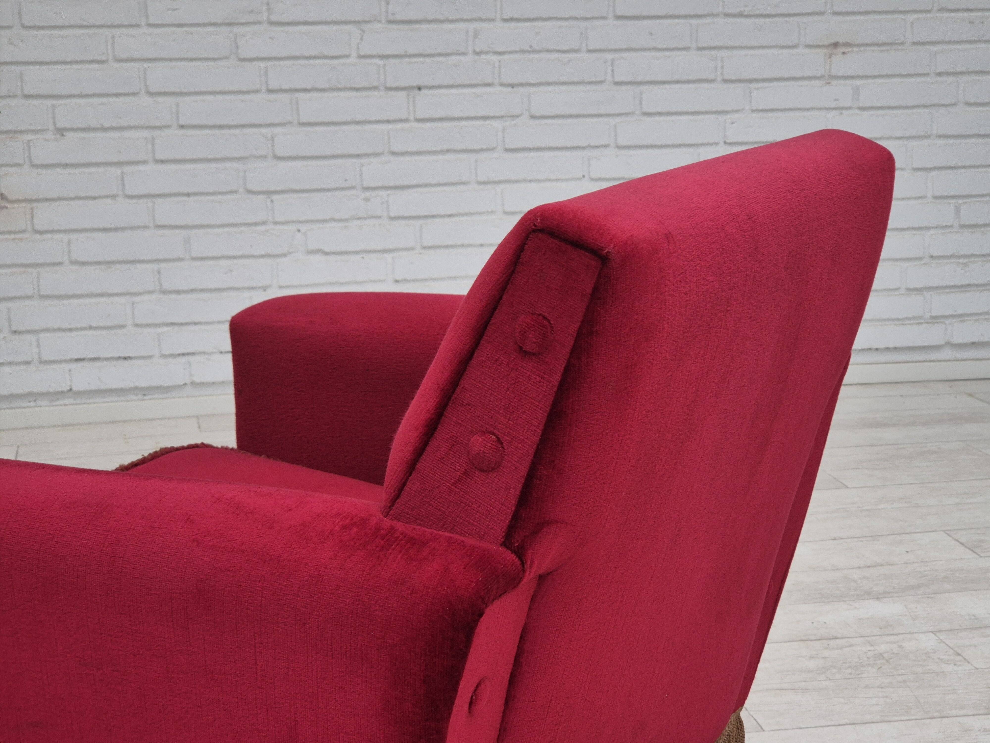 1970s, Danish lounge chair, original condition, cherry-red velour fabric.