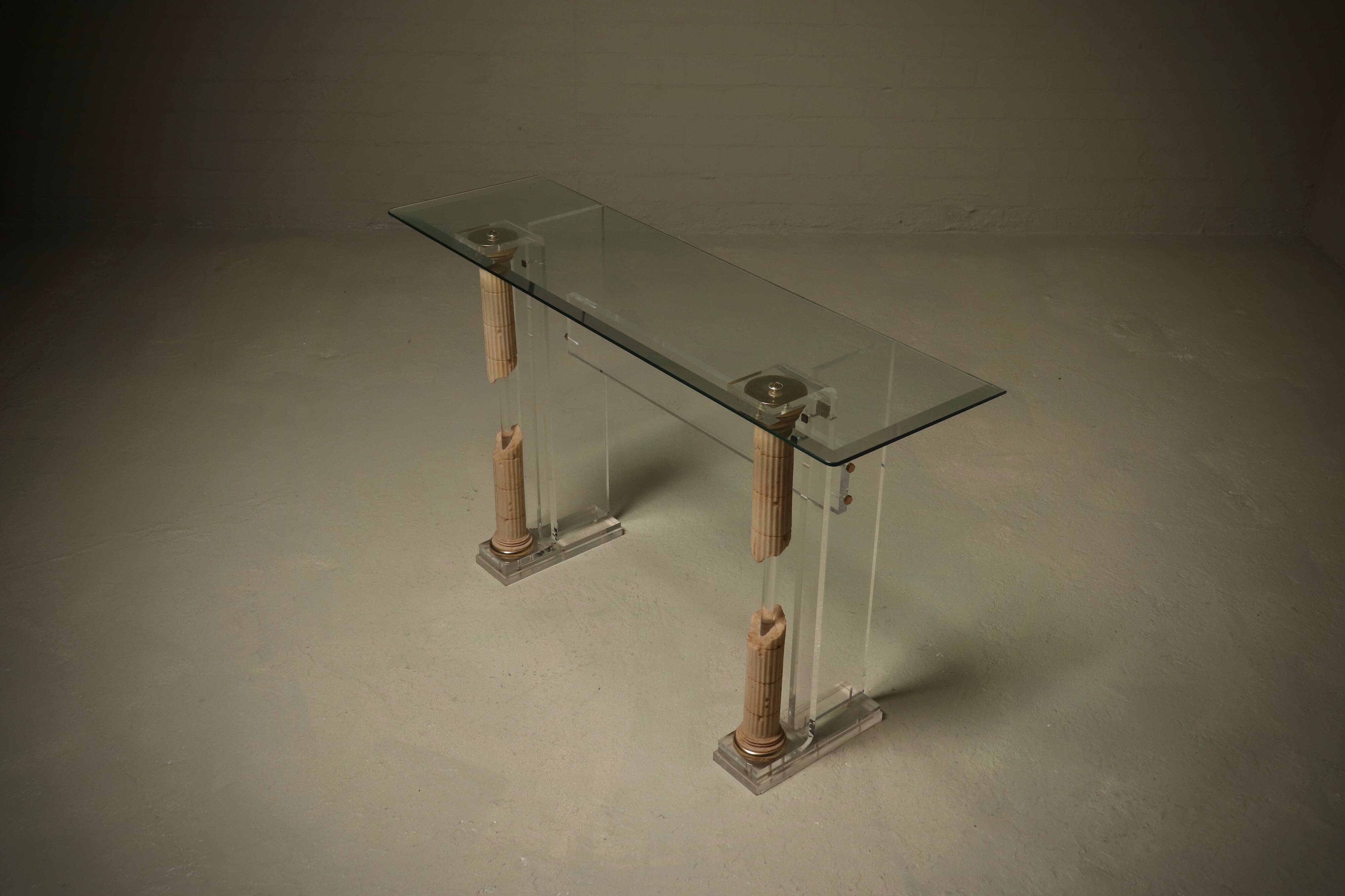 Italian Modern Plexiglass Console Table with Roman Column Details 1980s