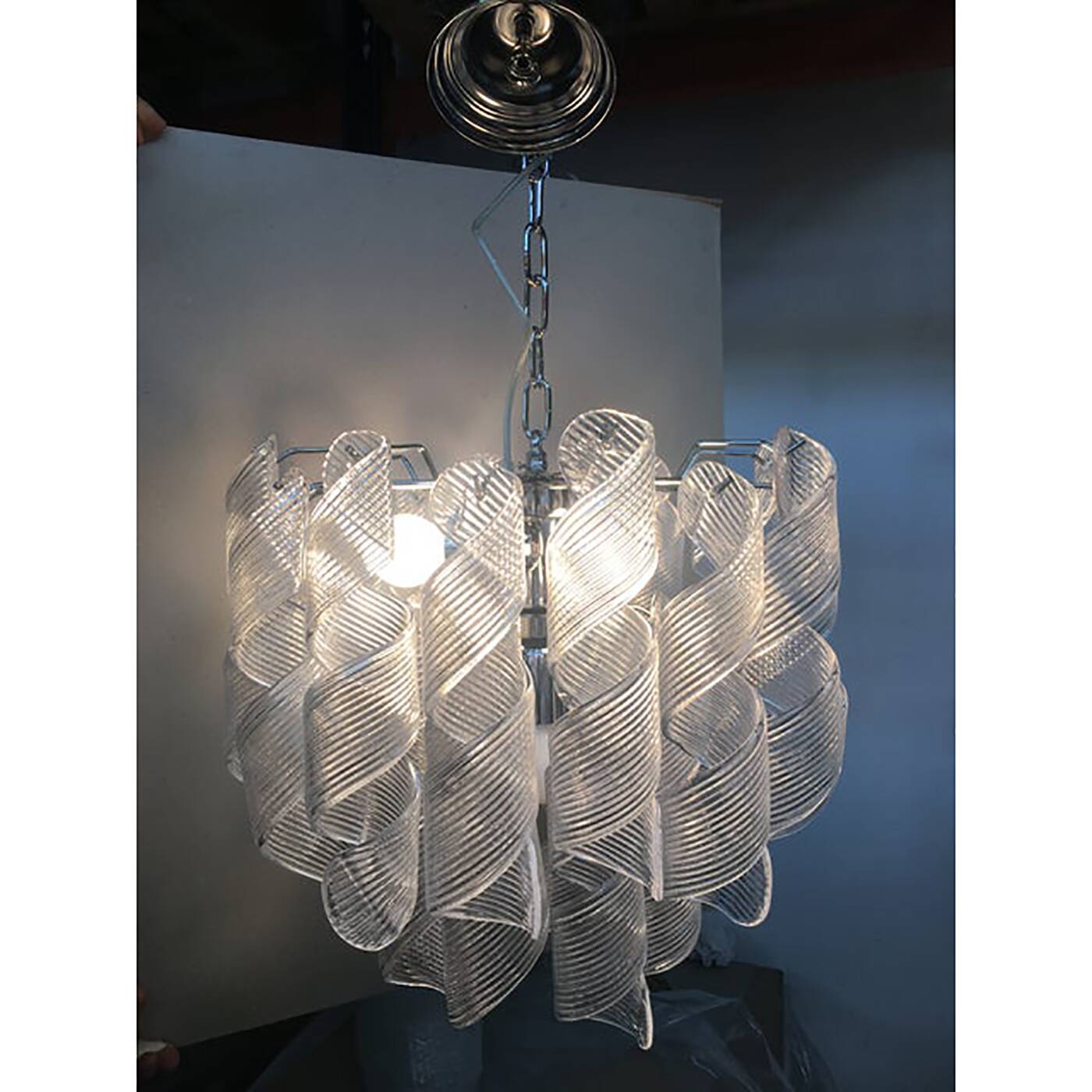 Murano Glass Sputnik Chandelier With Swirling Italian Glass Clear and White