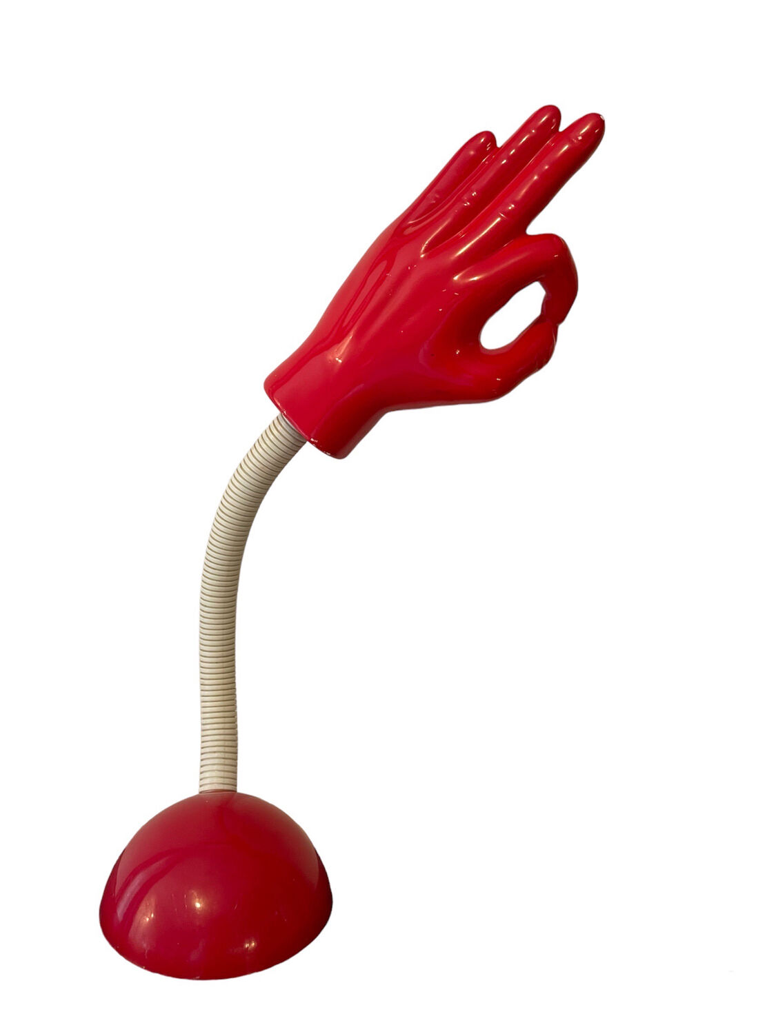 Articulated desk lamp in the shape of a vintage red and white hand