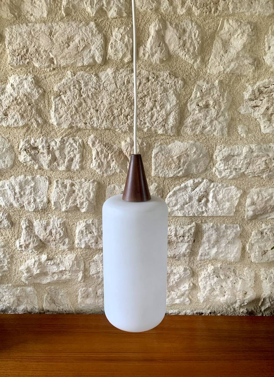 Scandinavian Pendant Lamp in Teak and Opaline, Circa 60´s