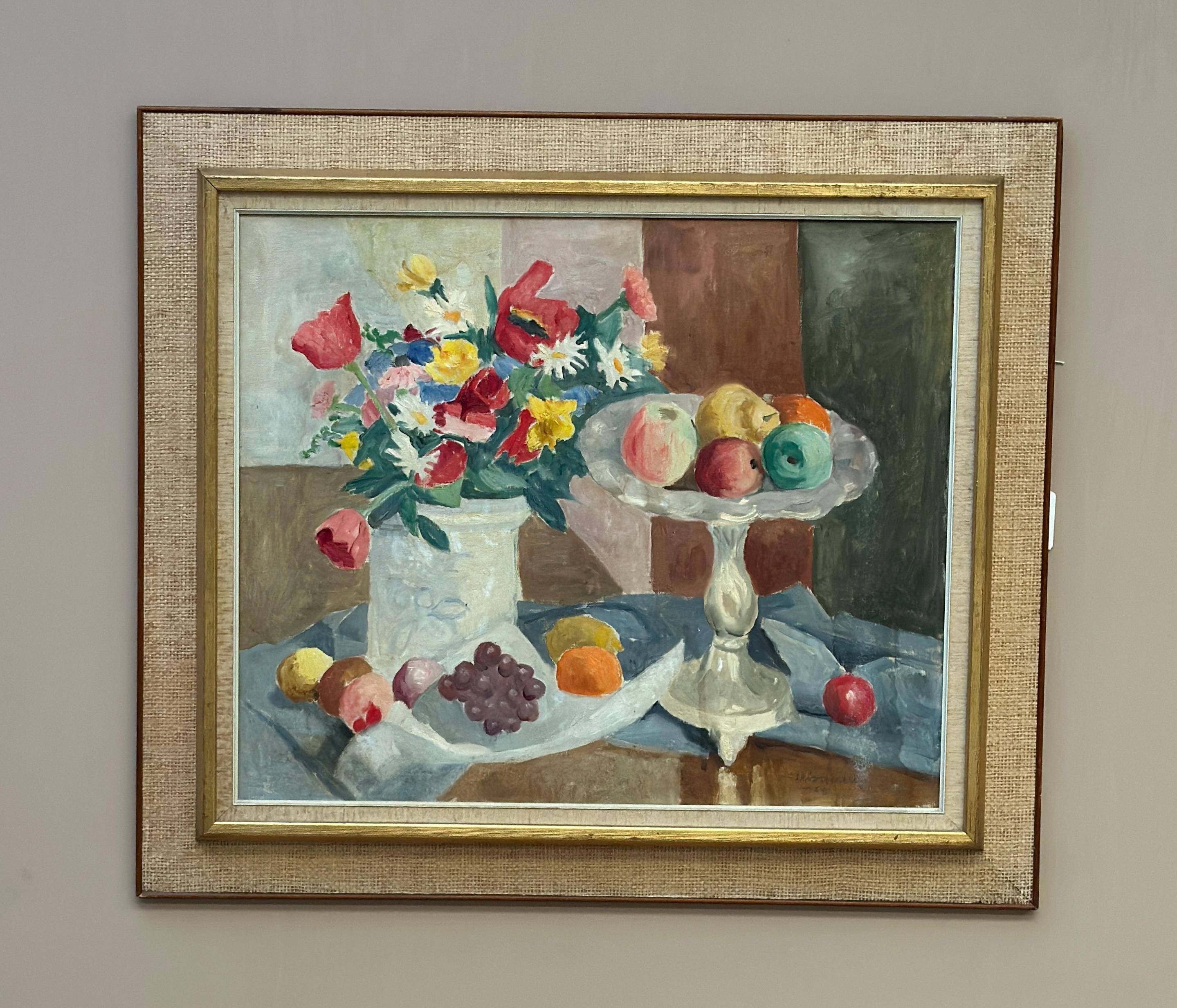 Original Swedish Oil on Canvas – "Flowers and Fruit by Ellis Wallin"