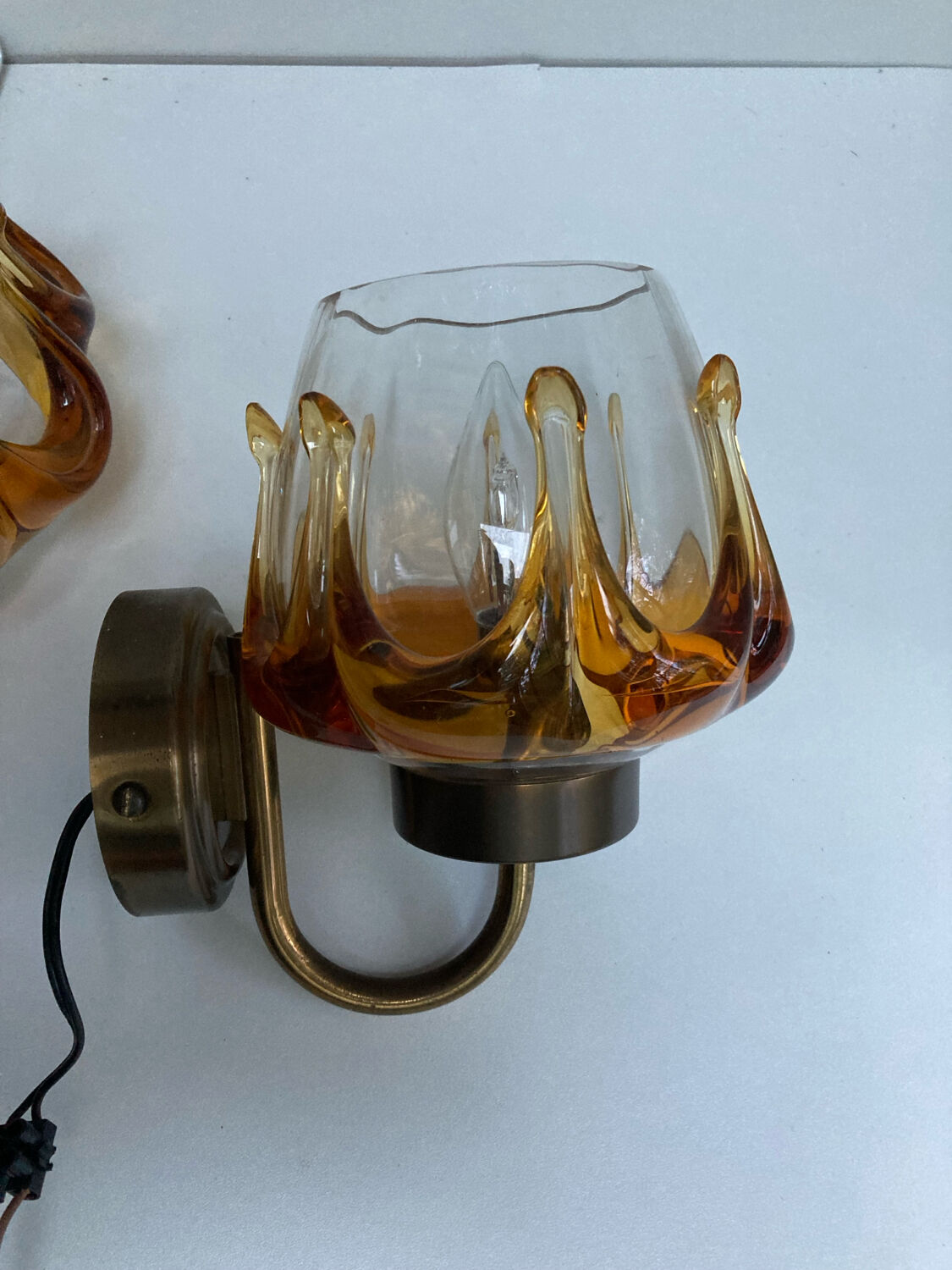 Pair of Murano glass wall sconces, vintage Italian 70s.