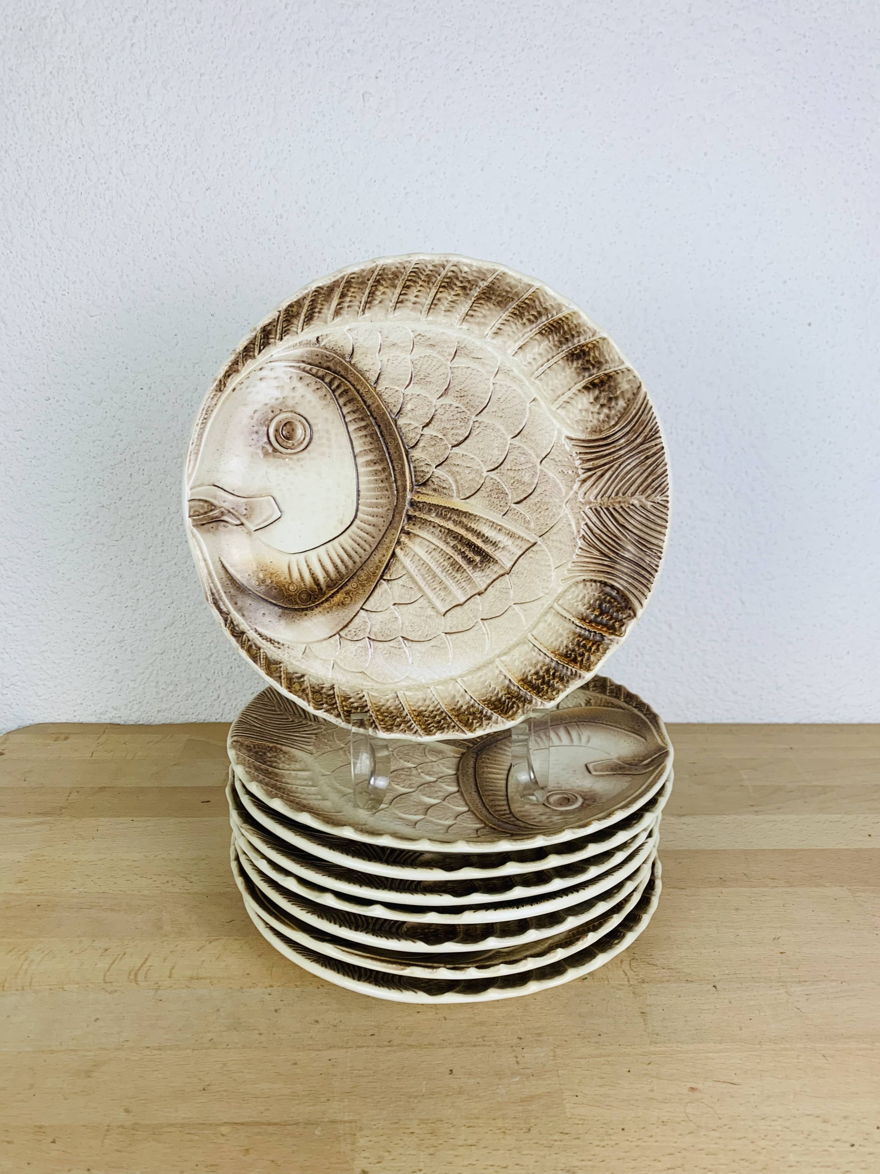 8 vintage Sarreguemines fish service plates