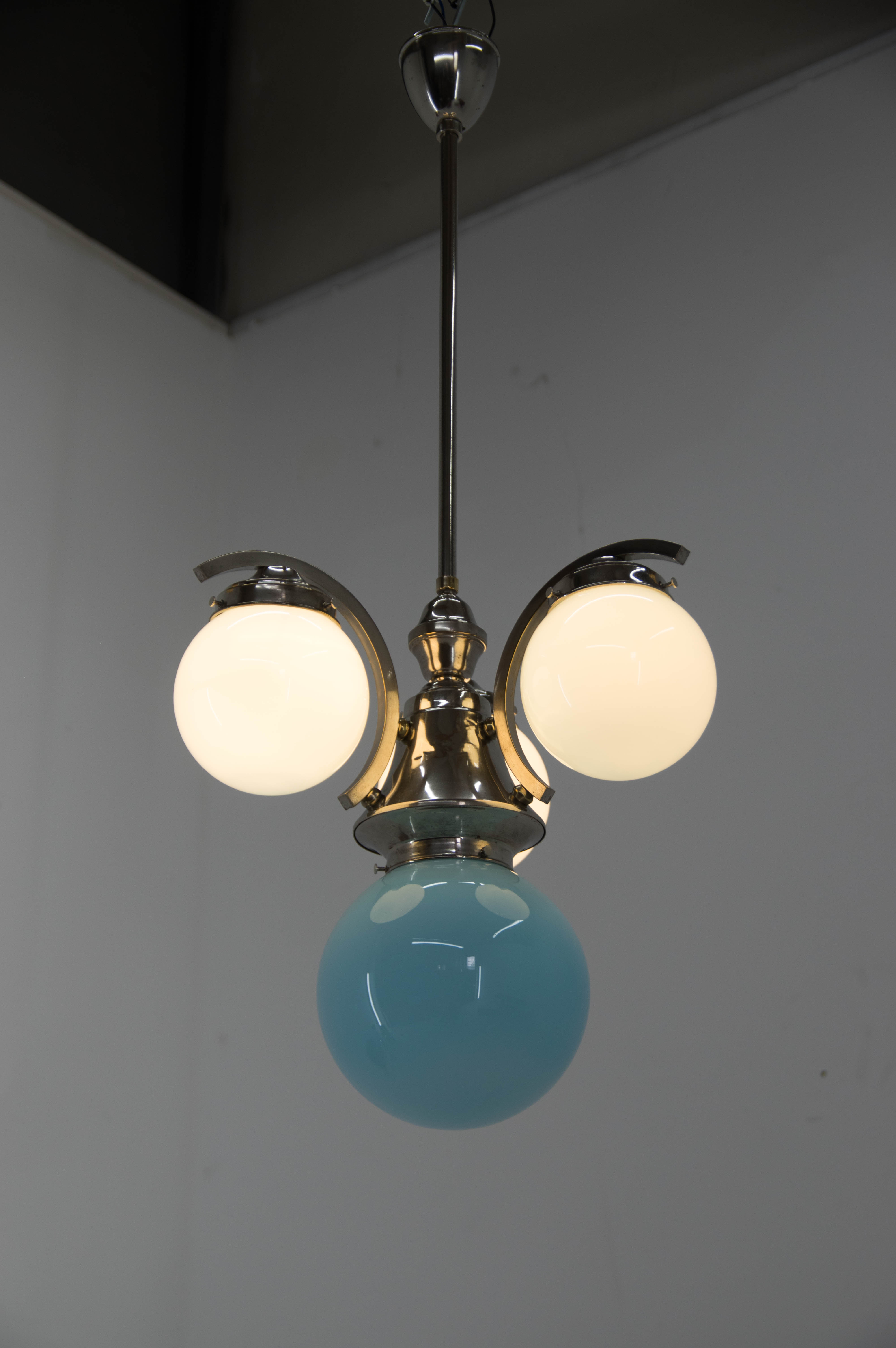 Art deco blue chandelier, 1930s, restored