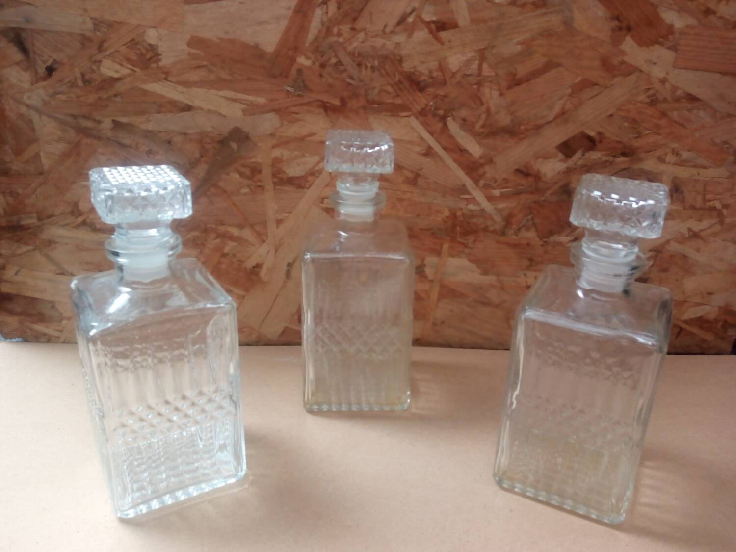 Set of 3 molded glass whiskey liqueur carafes + vintage stoppers