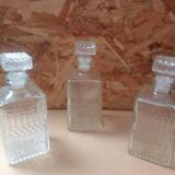 Set of 3 molded glass whiskey liqueur carafes + vintage stoppers