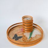 tray and 5 coasters in bamboo and taxidermy butterflies 1970