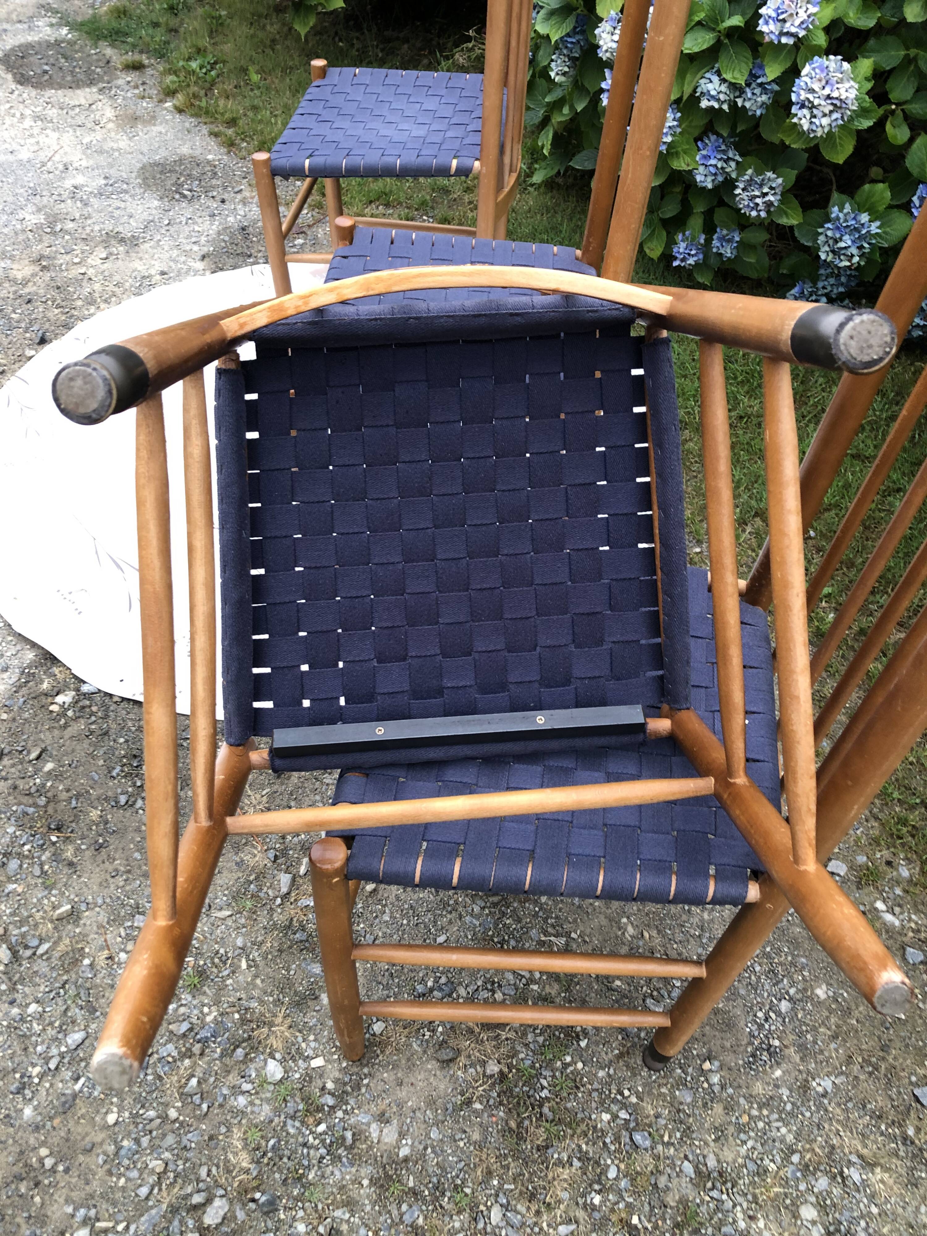 4 vintage Roche Bobois chairs from the 80s in beech with woven seats in blue fabric.