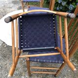 4 vintage Roche Bobois chairs from the 80s in beech with woven seats in blue fabric.