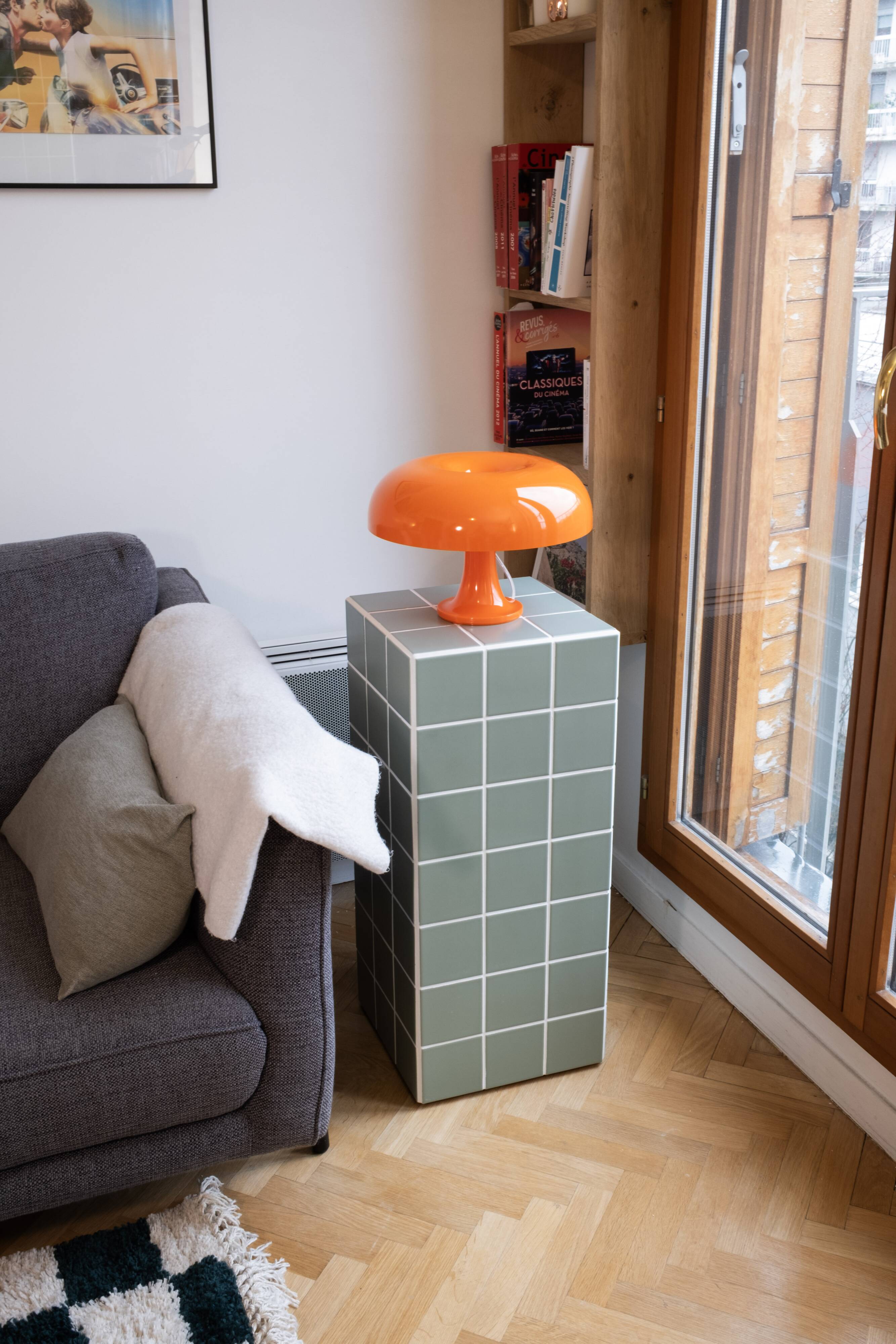 Column, side table in green ceramic tiles