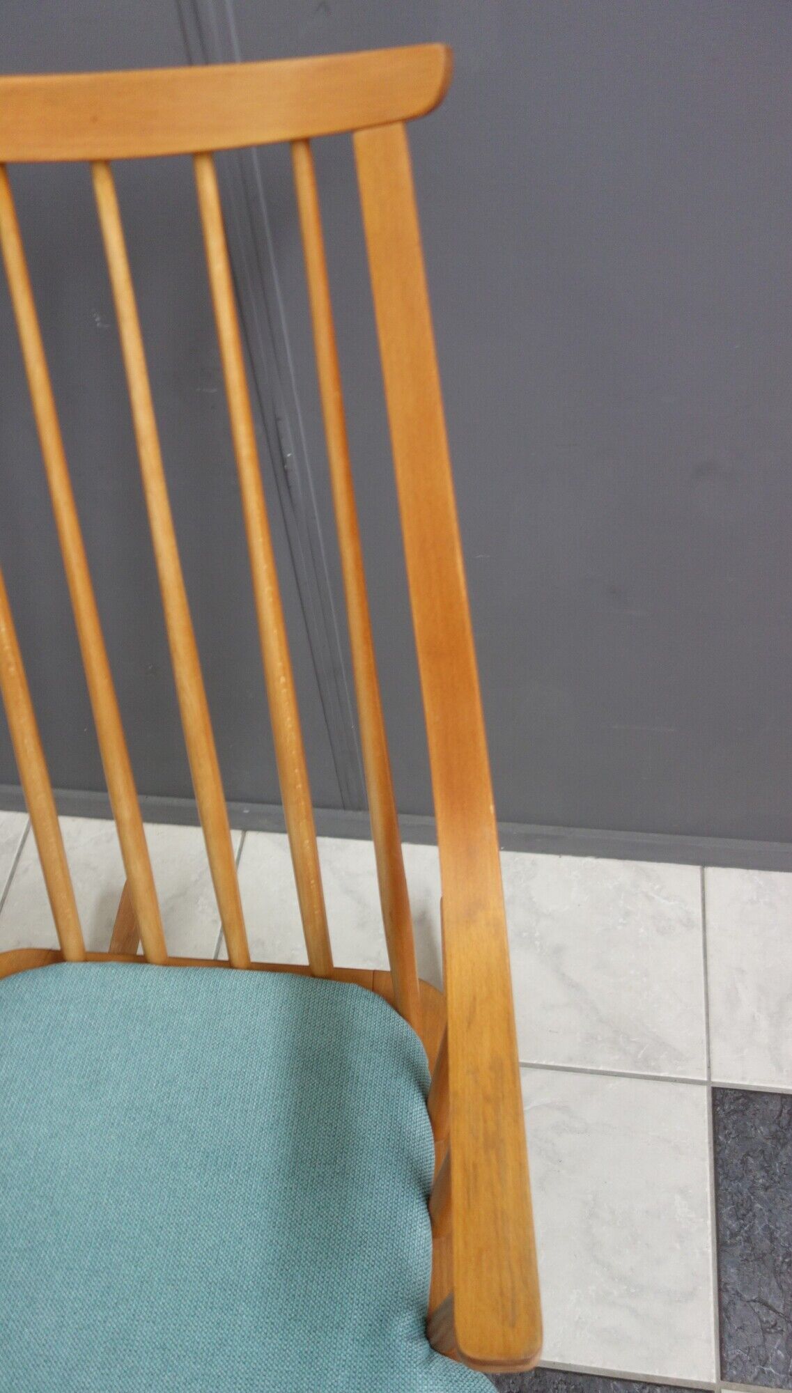 Mid century wooden rocking chair with blue upholstery  1960s