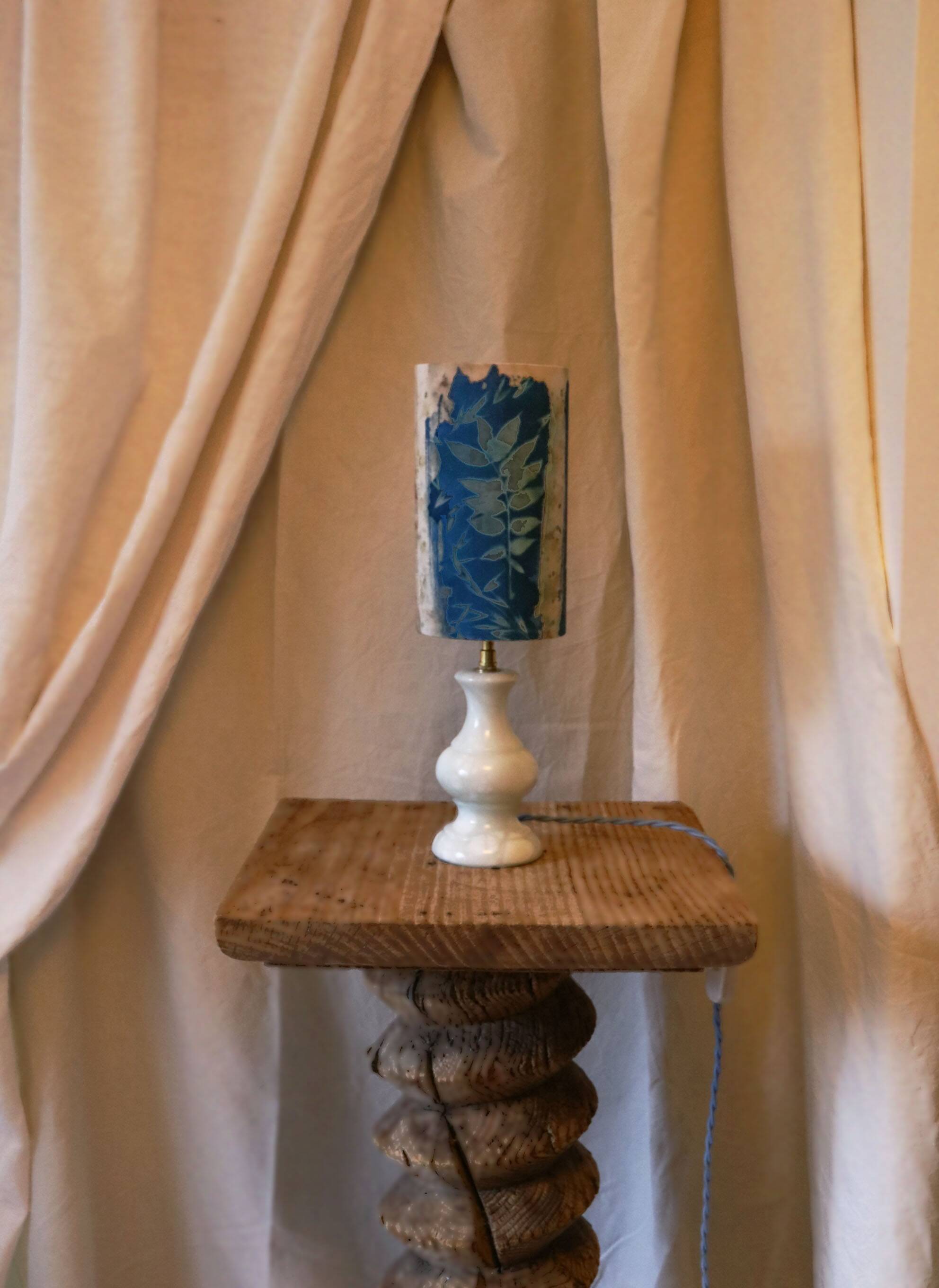 Blue alabaster floor lamp and handmade cyanotype lampshade