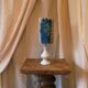 Blue alabaster floor lamp with a handmade cyanotype lampshade.