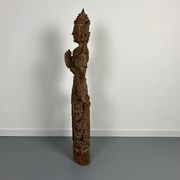 Large carved wooden statuette of a kinaree worshipping a devi. Thailand