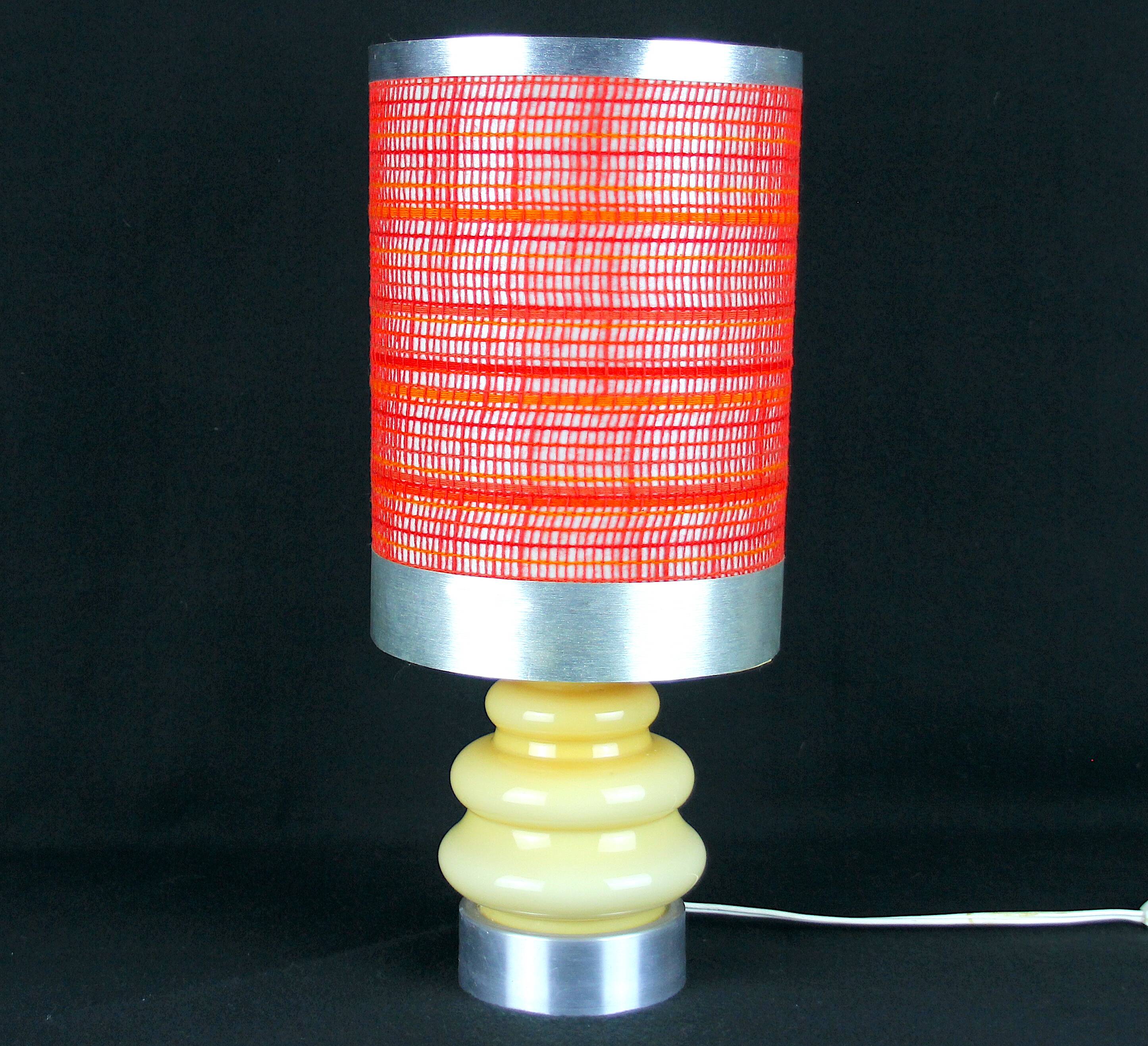 Seventies chrome & ceramic lamp, with original wool lampshade, France 1970s