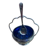 Antique blue cobalt glass sugar bowl with silver-plated metal and spoon.