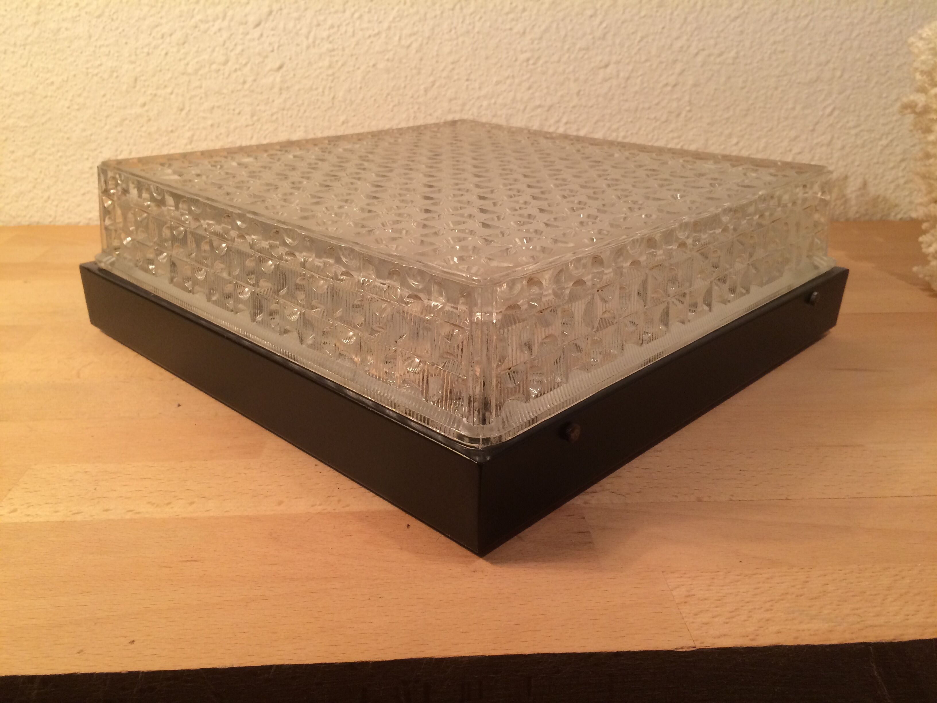 Square Holophane applique 31 cm cut glass from the 1950s, ceiling light.