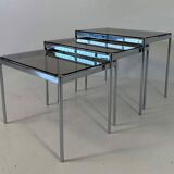 Italian Midcentury Set of Three Chromed Metal Glass Stackable Tray Tables,