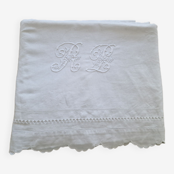 Antique white linen sheet, hand-embroidered, openwork and scalloped