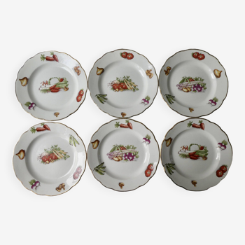 6 flat plates with vegetable decoration