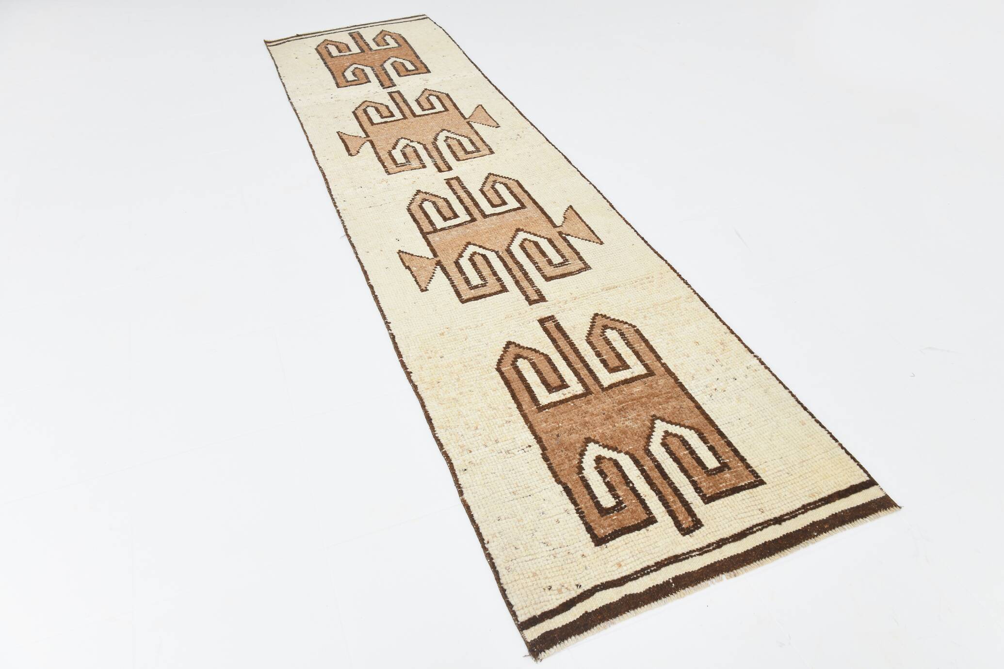 Beige Brown Oriental Persian Runner Rug, 88x351Cm