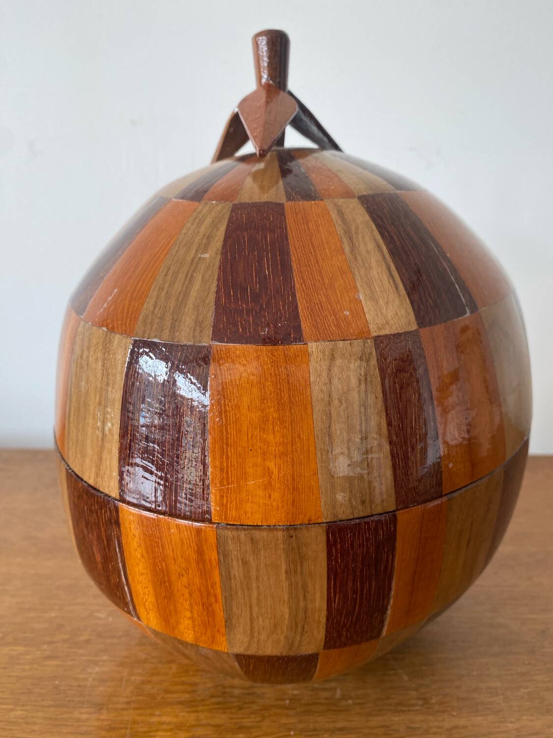 Antique Coconut Ice Bucket Wood Marquetry 1950s Vintage