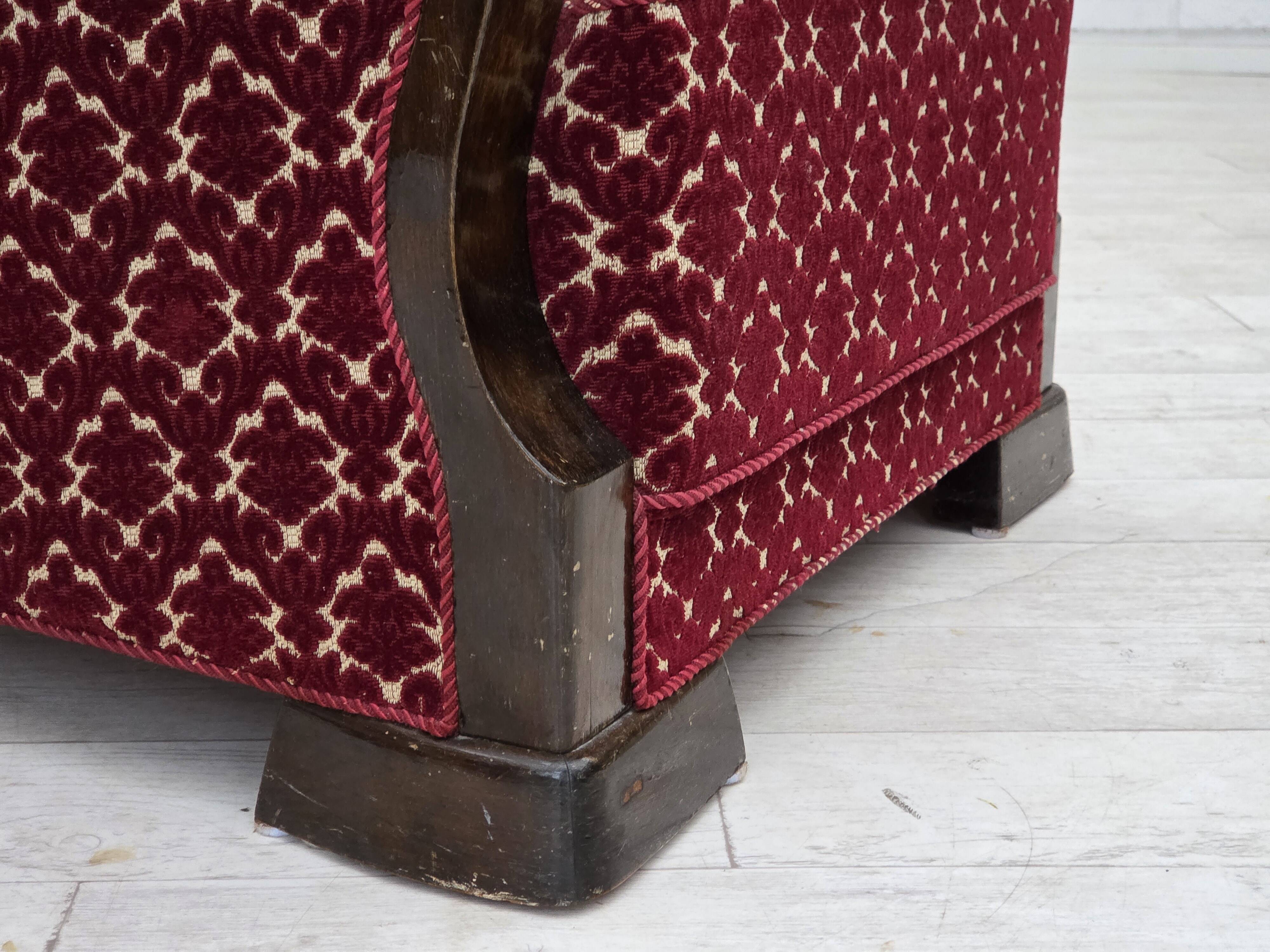 1960s, Danish armchair, cherry-red furniture velour, oak wood.