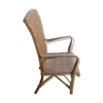 Ancien fauteuil haut dossier en rotin et osier des années 60
