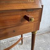 DeCoene antique wood writing desk with beige striped upholstered chair, brass-accented classic set