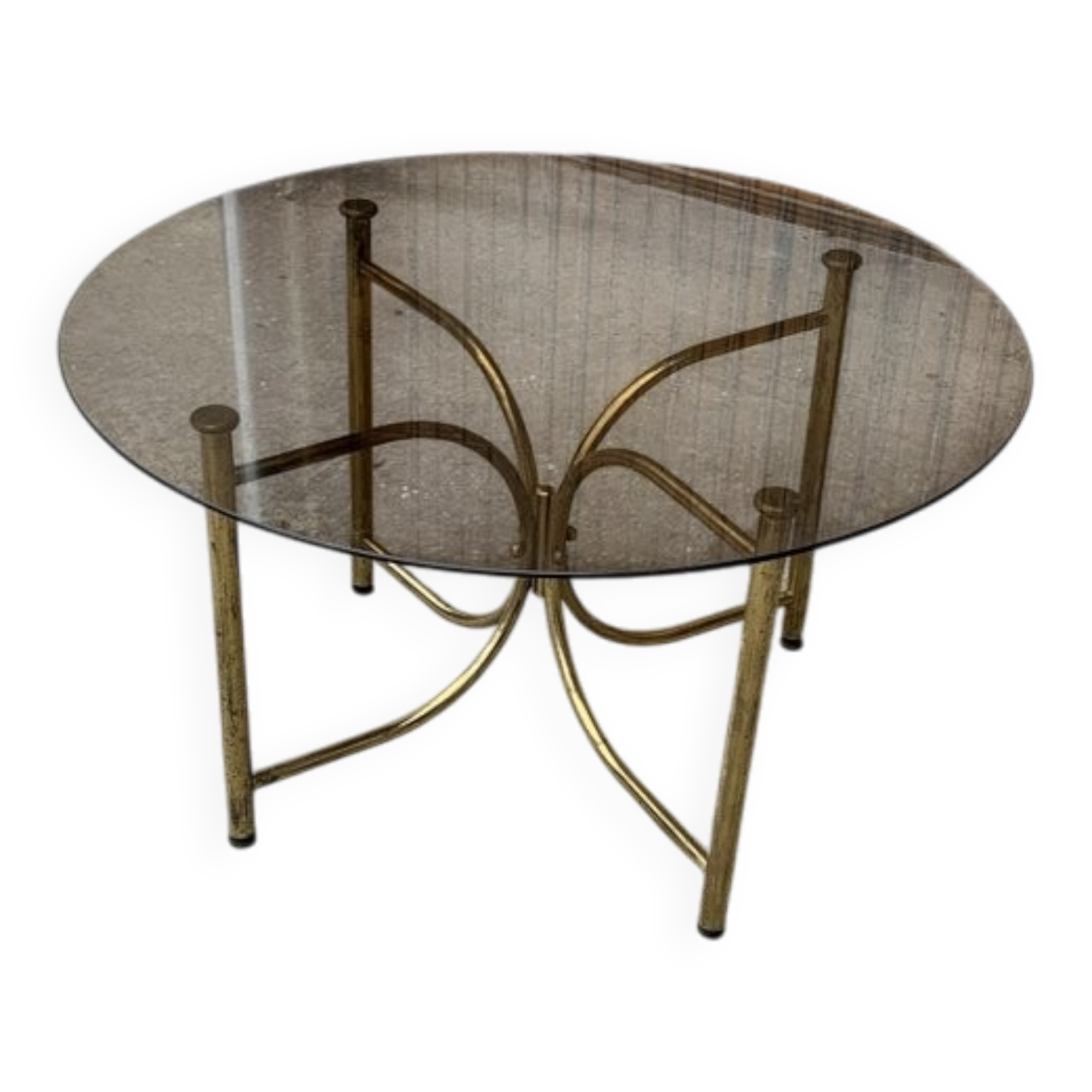 Vintage round coffee table in gilded brass with a glass top - 1970s