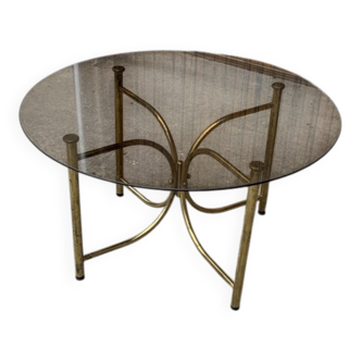Vintage round coffee table in gilded brass with a glass top - 1970s
