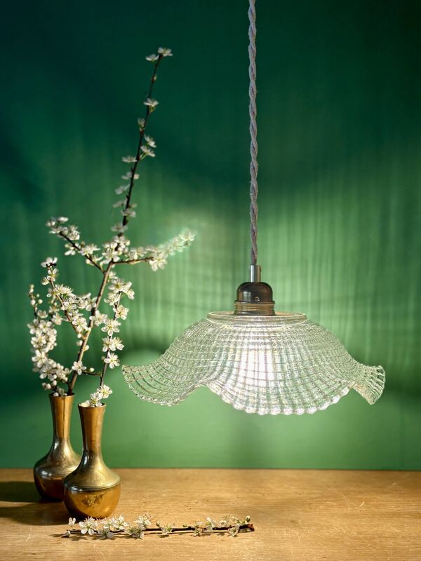 Suspension abat-jour vintage en verre travaillé - collection vaisselle -